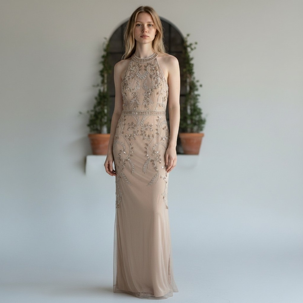 Papell Studio Beaded Sequin Halter Maxi Gown Womens 6 Tan‎ Formal Evening Dress